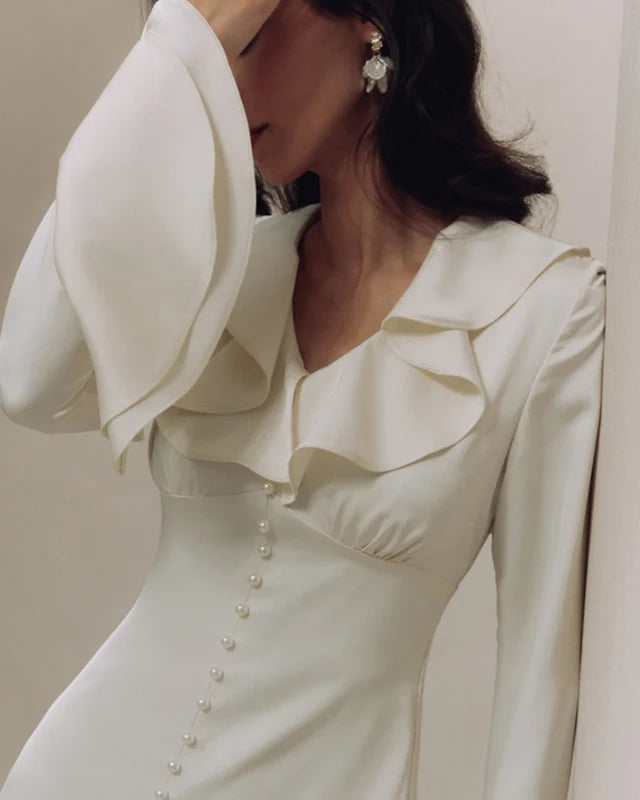 Pearl Button Ruffle Midi Dress