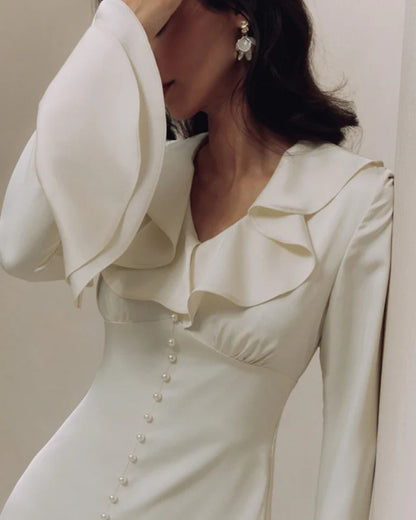 Pearl Button Ruffle Midi Dress